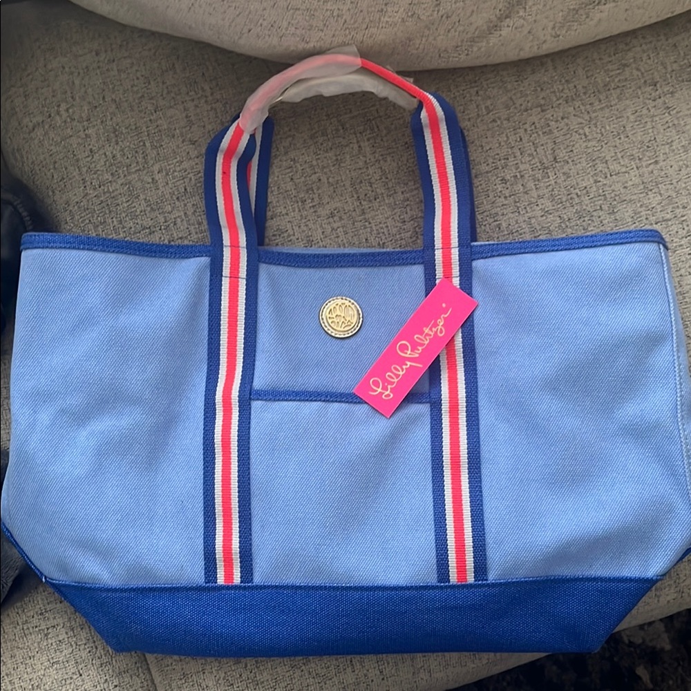 Lilly Pulitzer Blue Mercato Tote Bag with Striped Handles
